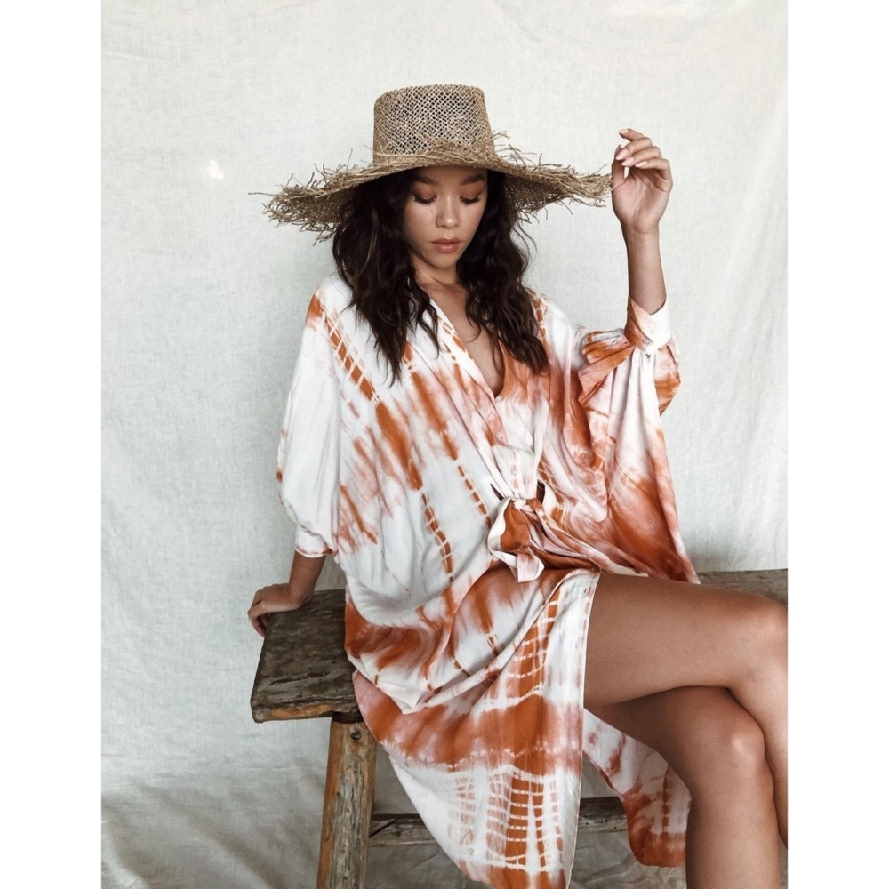 Elegant Tie-Dye Kaftan Dress in Orange and White
